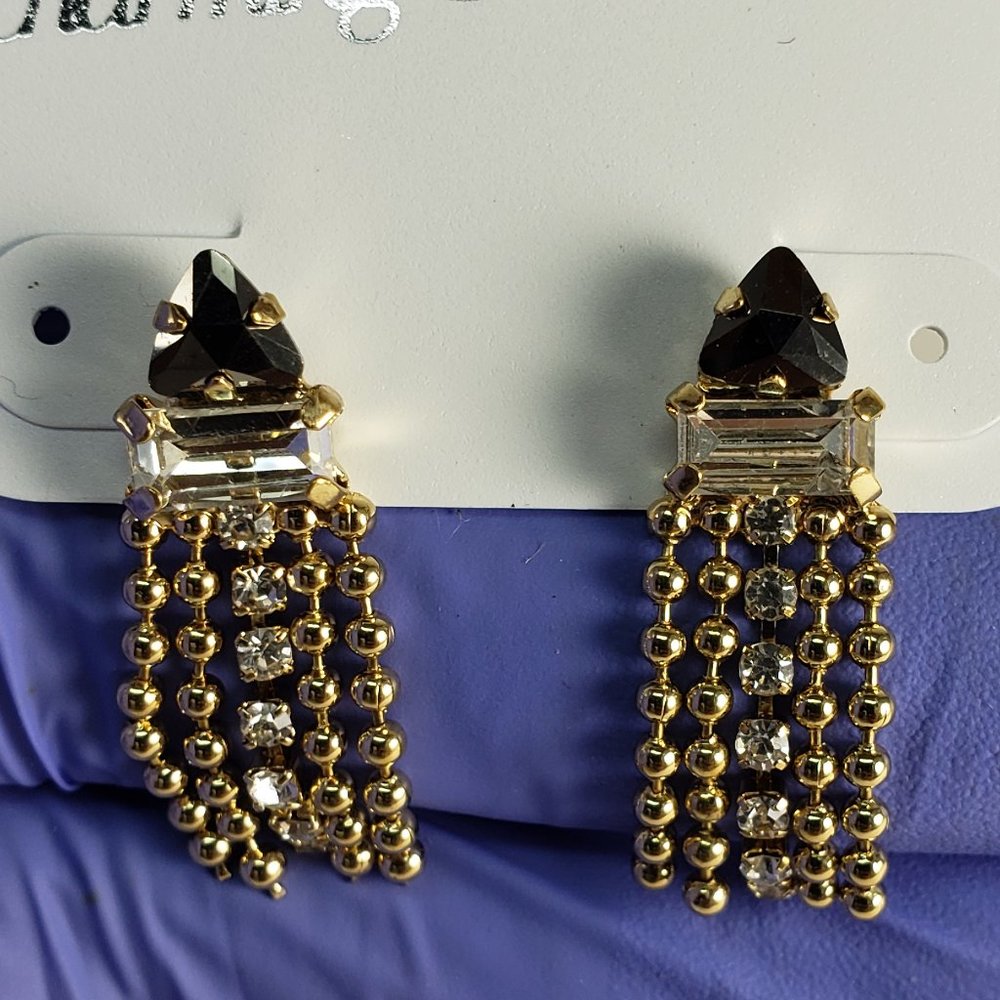 Charming Charlie Polished Gold-tone and Crystal Beaded Fringe Teardrop Earrings - Picture 3 of 9